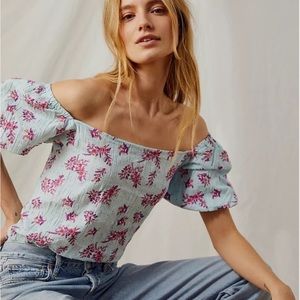 NWT Free People Angela Puff Sleeve Floral Bodysuit, S, Blueberry